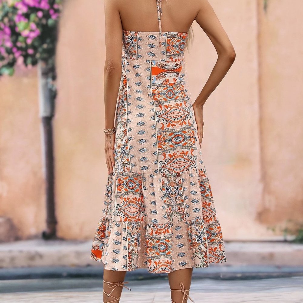 Apricot Boho Floral Print Tie Backless Ruched Bust Ruffle Halter Dress - Picture 3 of 5